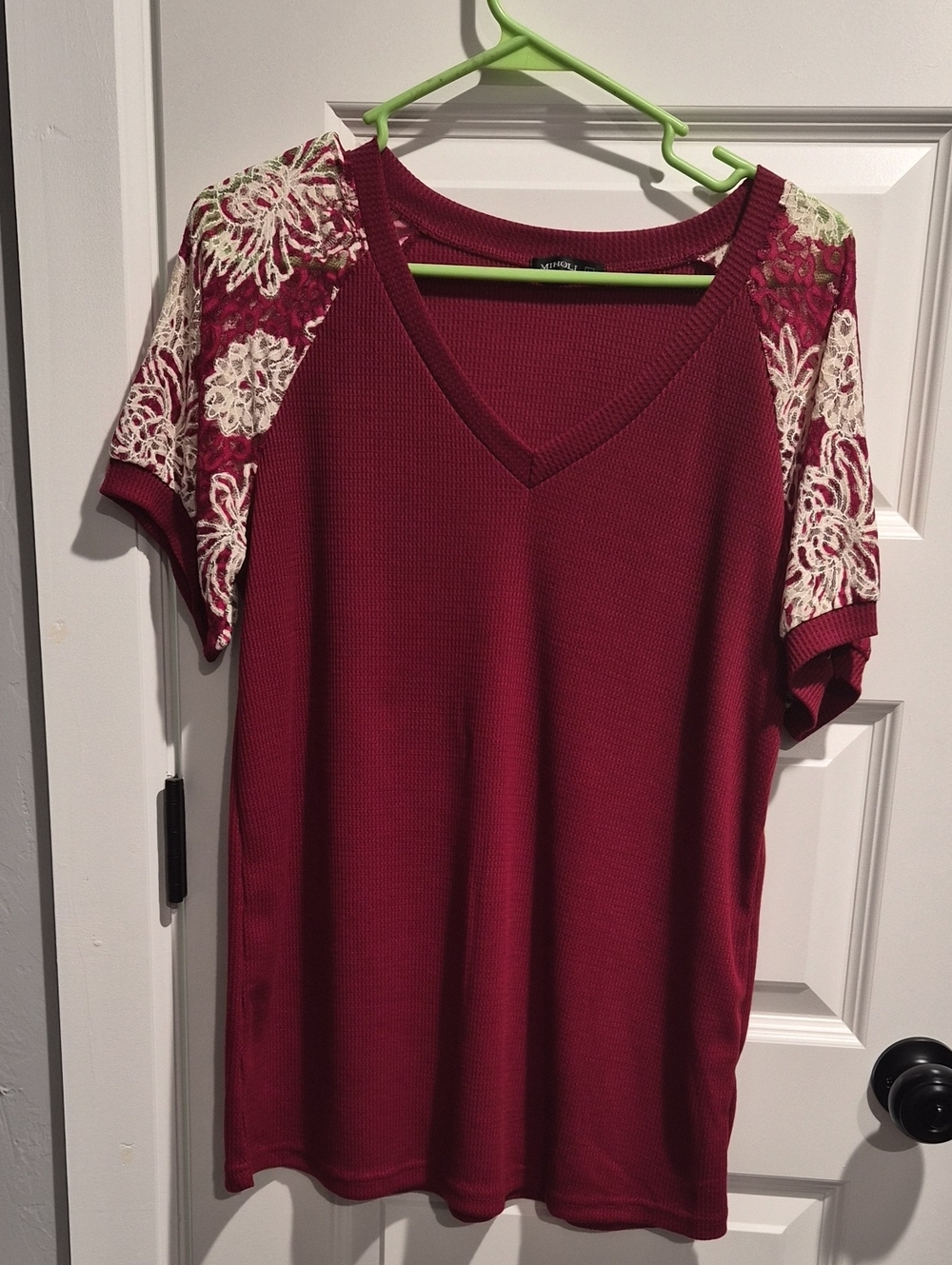 Women's Burgundy V-Neck Top with Lace Sleeves